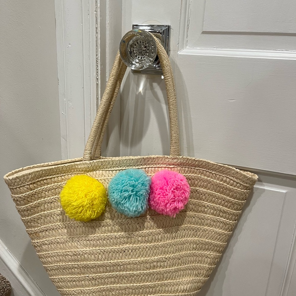 Straw Tote Bag with Colorful Pom Poms